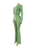SC Solid Color Zipper Hooded Micro Flare Pants Suit CH-25066