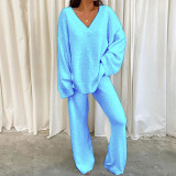 SC Plus Size Casual Solid Color V-Neck Long Sleeve Pants Two Piece Set GYOU-LF9090