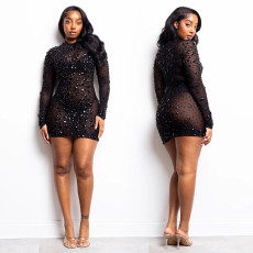 SC See Through Hot Drill Mini Dress BY-7581