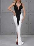 SC Contrast Color Patchwork Tie Backless Maxi Dress DLSF-K25D80703