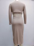 SC Sexy Solid Color Ribbed Long Sleeve Split Skirt Two Piece Set GYOU-CX2828