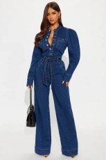 SC Fashion Long Sleeve Tie Up Denim Jumpsuit LX-3589