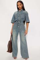 SCFashion Half Sleeve Washed Denim Jumpsuit LX-8606