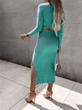 SC Sexy Solid Color Ribbed Long Sleeve Split Skirt Two Piece Set GYOU-CX2828