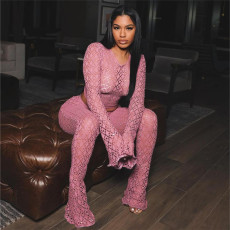 SC Lace Holes Long Sleeve Two Piece Pants Set GXHF-X80241