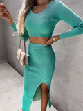 SC Sexy Solid Color Ribbed Long Sleeve Split Skirt Two Piece Set GYOU-CX2828