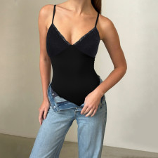 SC V Neck Lace Patchwork Sling Bodysuit GWEN-JWJB45724