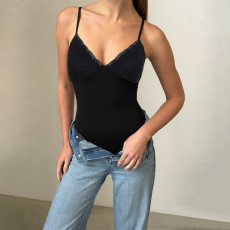 SC V Neck Lace Patchwork Sling Bodysuit GWEN-JWJB45724