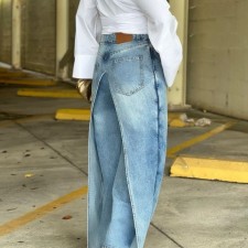 SC Straight Loose Patchwork Faux two-piece Jeans GXHF-M81021