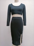 SC Sexy Solid Color Ribbed Long Sleeve Split Skirt Two Piece Set GYOU-CX2828