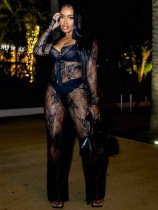 SC Lace Hollow Out Long Sleeve Tight Two Piece Pants Set GXHF-X80319