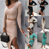 SC Sexy Solid Color Ribbed Long Sleeve Split Skirt Two Piece Set GYOU-CX2828