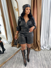 SC Solid Color Leather Hooded Two Piece Shorts Set SFY-810
