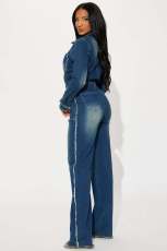 SC Fashion Long Sleeve Raw Edge Denim Two Piece Pant Set LX-8608