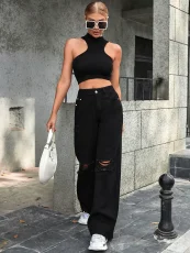 SC Fashion Holes High Waist Wide Leg Jeans GYXN-10193
