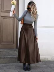 SC PU Leather Solid Color Long Skirt GYXN-73187