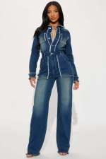 SC Fashion Long Sleeve Raw Edge Denim Two Piece Pant Set LX-8608