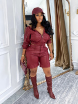 SC Solid Color Leather Hooded Two Piece Shorts Set SFY-810