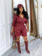 SC Solid Color Leather Hooded Two Piece Shorts Set SFY-810