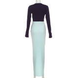 SC Deep V Neck Patchwork Spit Maxi Dress XEF-K25D87983
