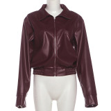 SC Solid Color Zipper Leather Coat XEF-K25C85370