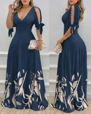 SC V Neck Off Shoulder Print Maxi Dress GJMF-97762