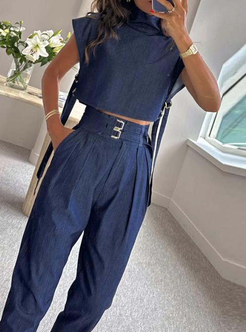 SC Casual Short Sleeve Denim Two Piece Pant Set GJMF-97779