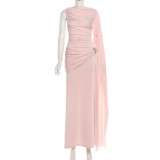 SC Solid Color Ribbon Ruched Long Dress XEF-K25D87615