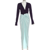 SC Deep V Neck Patchwork Spit Maxi Dress XEF-K25D87983