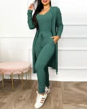 SC Plus Size Long Sleeve Solid Color Long Coat+Jumpsuit 2 Piece Set GJMF-97763