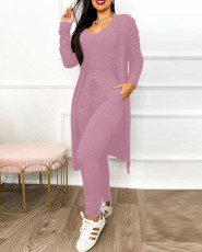 SC Plus Size Long Sleeve Solid Color Long Coat+Jumpsuit 2 Piece Set GJMF-97763