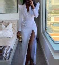 SC Long Sleeve Solid Color Split Maxi Dress GJMF-97789