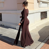 SC Solid Color Long Sleeve Ruched Maxi Dress XEF-K25D85711