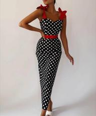 SC Polka Dot Print Tie Up Sling Maxi Dress GJMF-96679