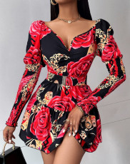 SC Print Long Sleeve V Neck Mini Dress GJMF-97778