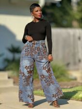 SC Plus Size Retro Flocked Floral Print Jeans GYLN-8430