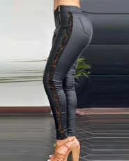 SC Lace Patchwork PU Leather Pants GJMF-97731