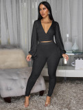 SC V Neck Backless Lantern Sleeve Tops Tight Pants Suit FENF-6055