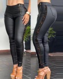 SC Lace Patchwork PU Leather Pants GJMF-97731