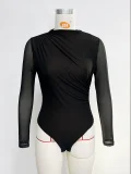 SC Mesh See Through Patchwork Long Sleeve Bodysuit GZJF-12031