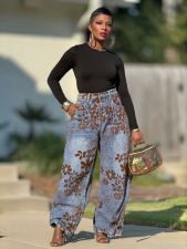 SC Plus Size Retro Flocked Floral Print Jeans GYLN-8430