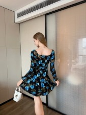SC Long Sleeve V Neck Print Ruffles Mini Dress GJMF-97809