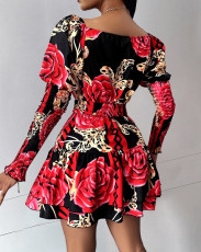 SC Print Long Sleeve V Neck Mini Dress GJMF-97778