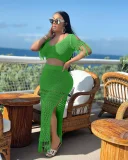 SC Solid Color Tassel Tops Split Hollow Out Skirt 2 Piece Set AL-1086