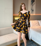 SC Long Sleeve V Neck Print Ruffles Mini Dress GJMF-97809