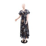 SC Print Ruffles Sleeve V Neck Midi Dress GYLY-10913