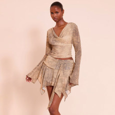 SC Snake Print Long Sleeve Tops Two Piece Skirts Set GSZM-Q25ST381