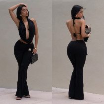 SC Solid Color Backless Two Piece Pants Set BY-7589