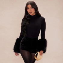 SC Furrzy Patchwork Sleeve Solid Color Bodysuit GDSF-J25BS341