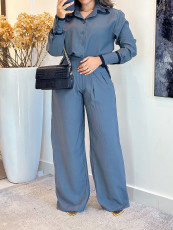 SC Long Sleeve Solid Color Shirt Two Piece Pants Set OMY-12011